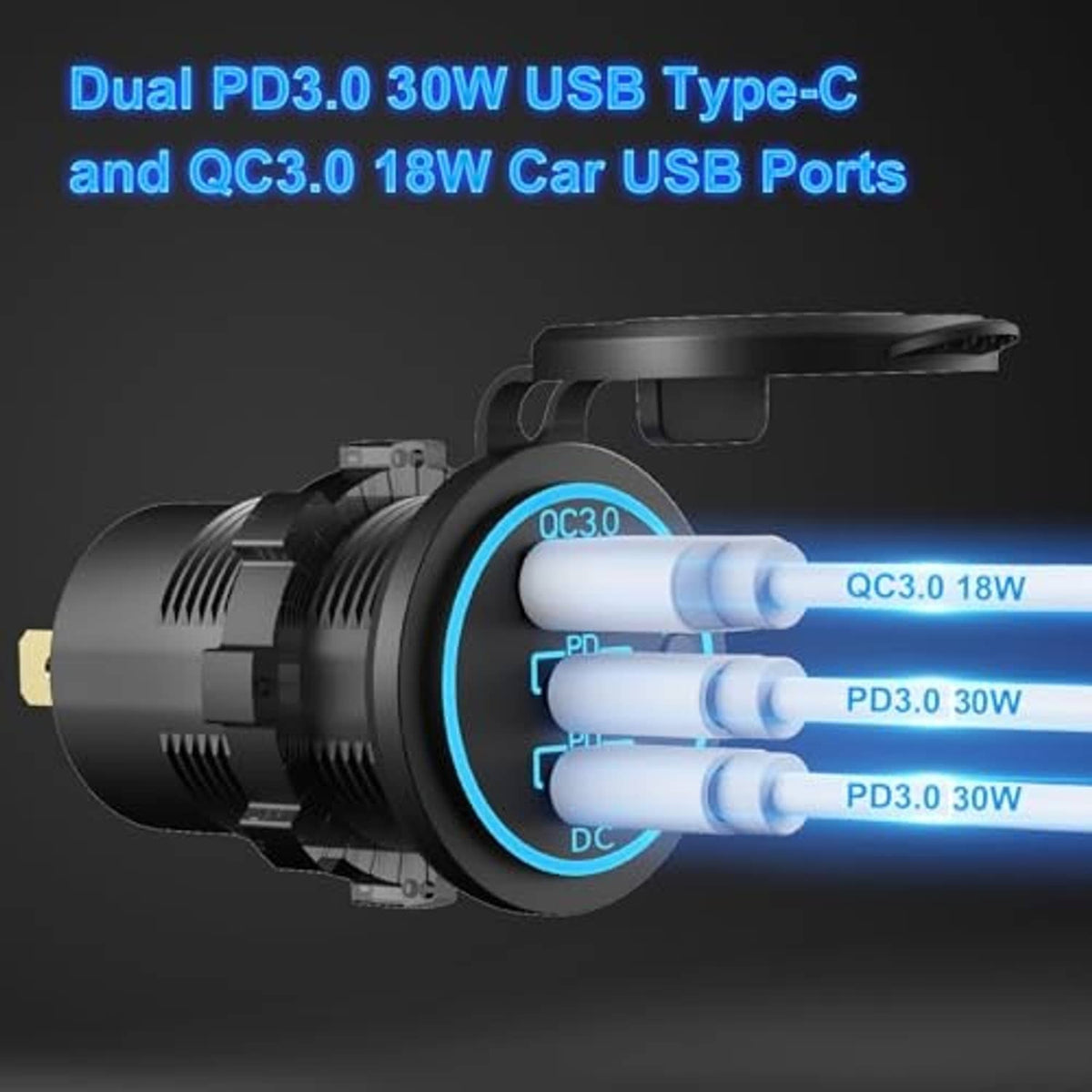 Wired 12V USB outlet charger, dual PD3.0 USB-C ports, side view with blue LED ring