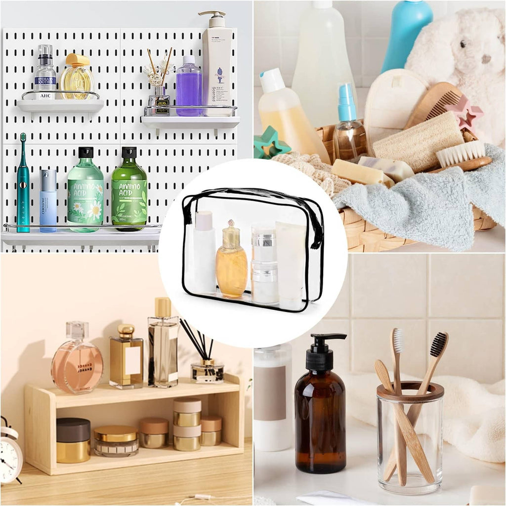 Clear cosmetic organizer bag with black trim and zipper, toiletries bottles inside