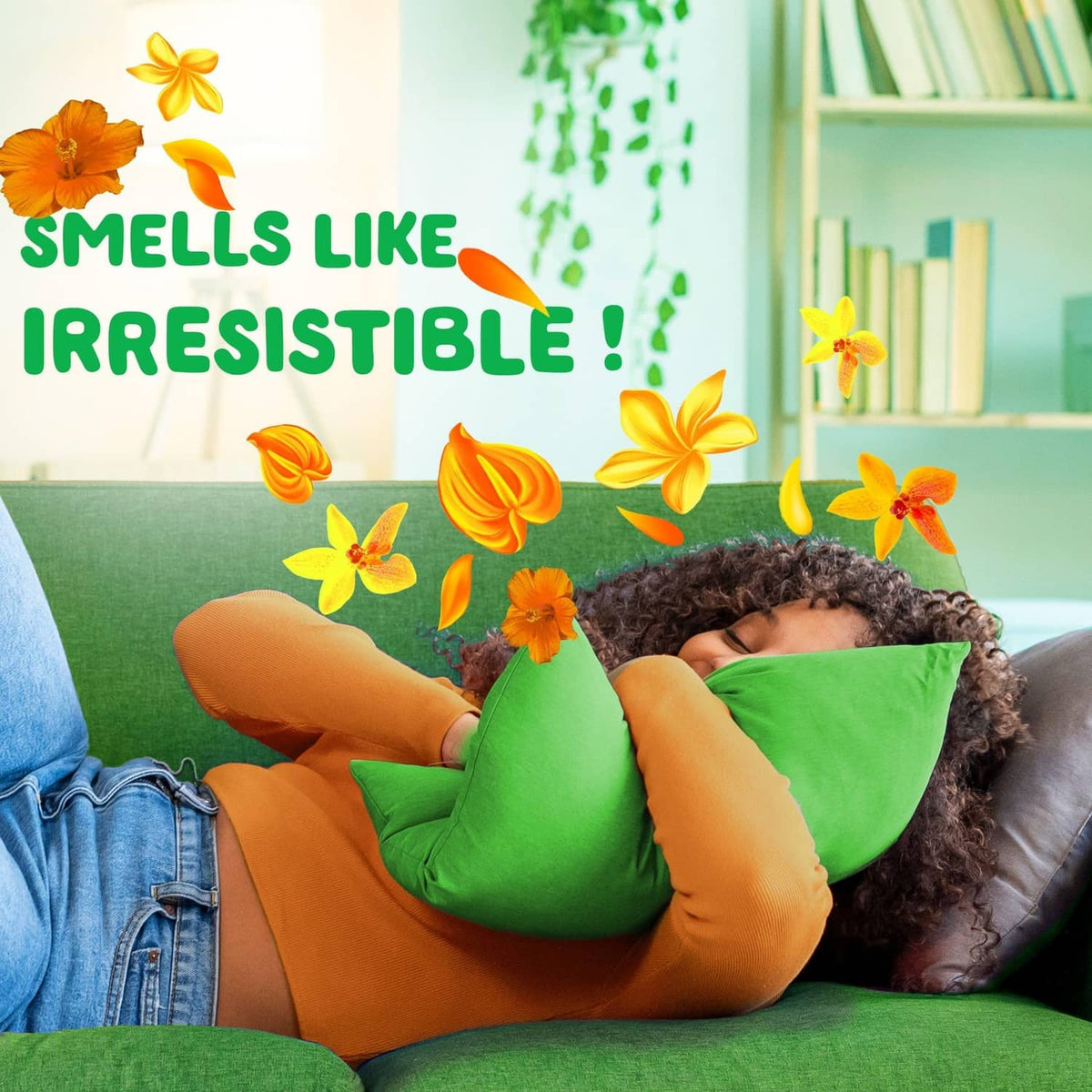 Laundry detergent freshness ad, person resting on couch with green pillows and flowers