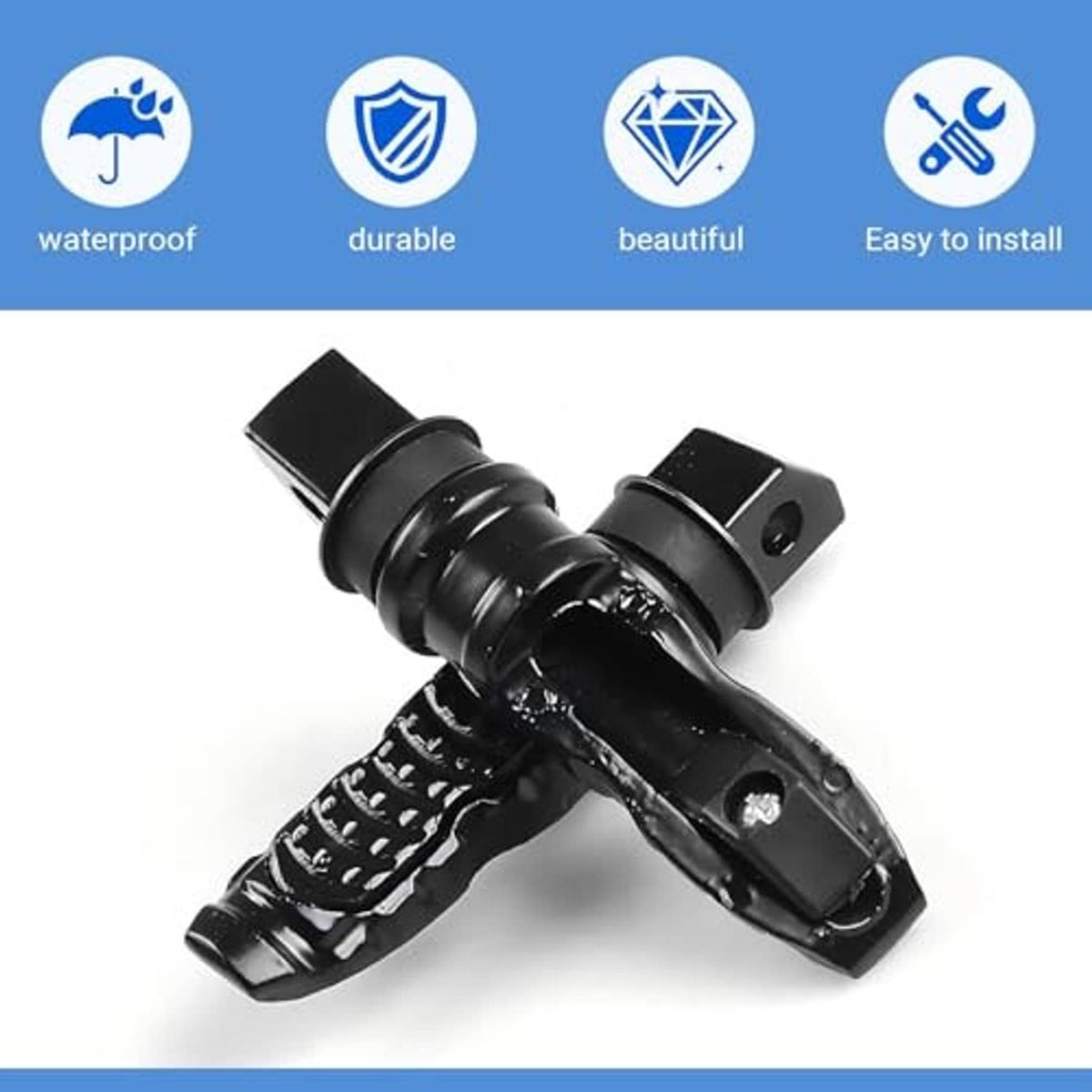 Black motorcycle footpegs, two-piece set with anti-slip textured surface