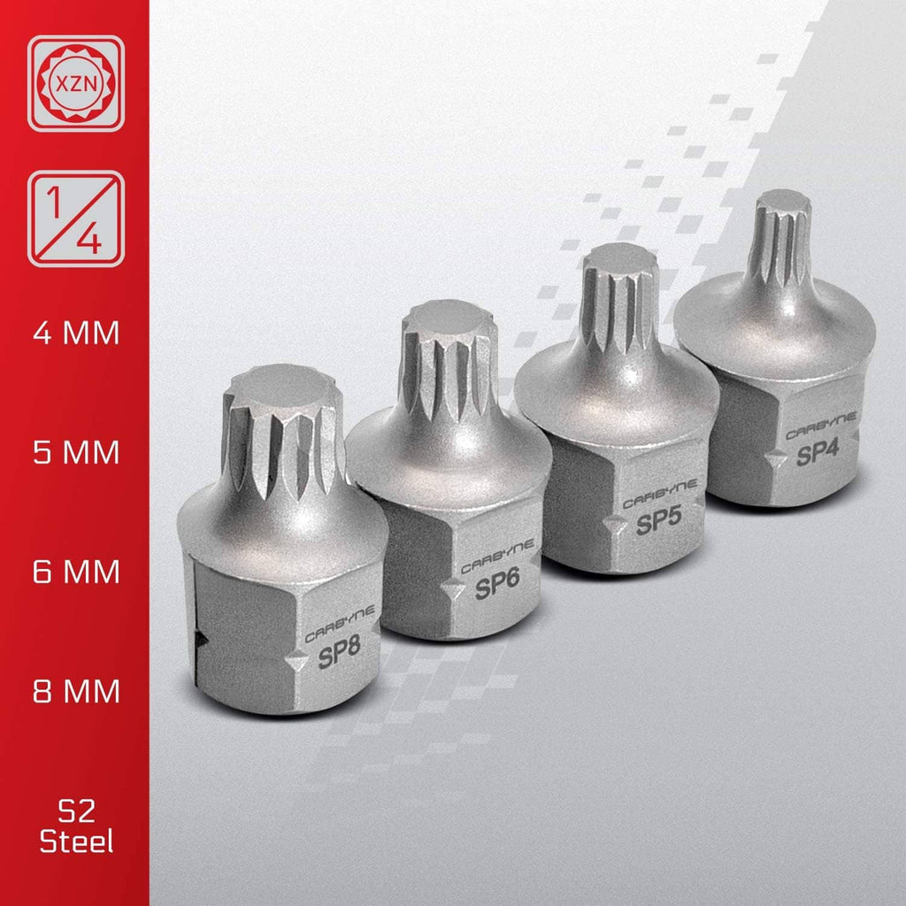 S2 steel triple-square socket bits, silver finish, marked SP4, SP5, SP6, SP8