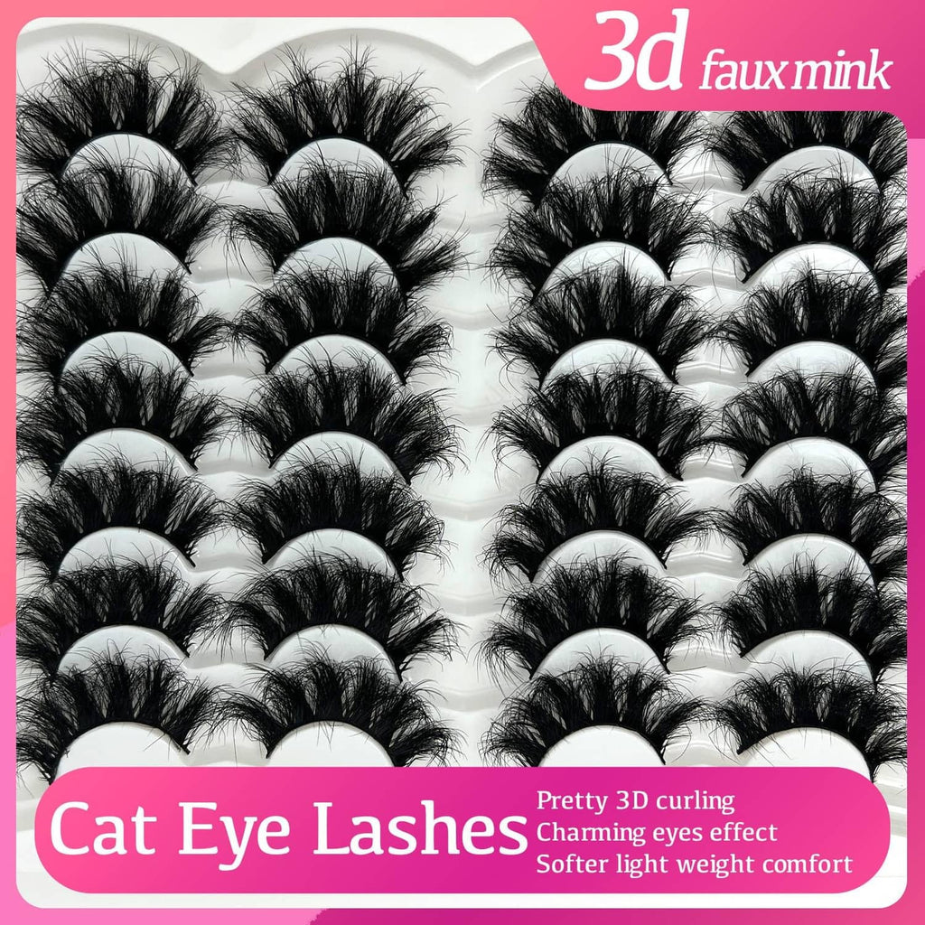 Black cat-eye faux mink false lashes, 3D wispy curling clusters on tray