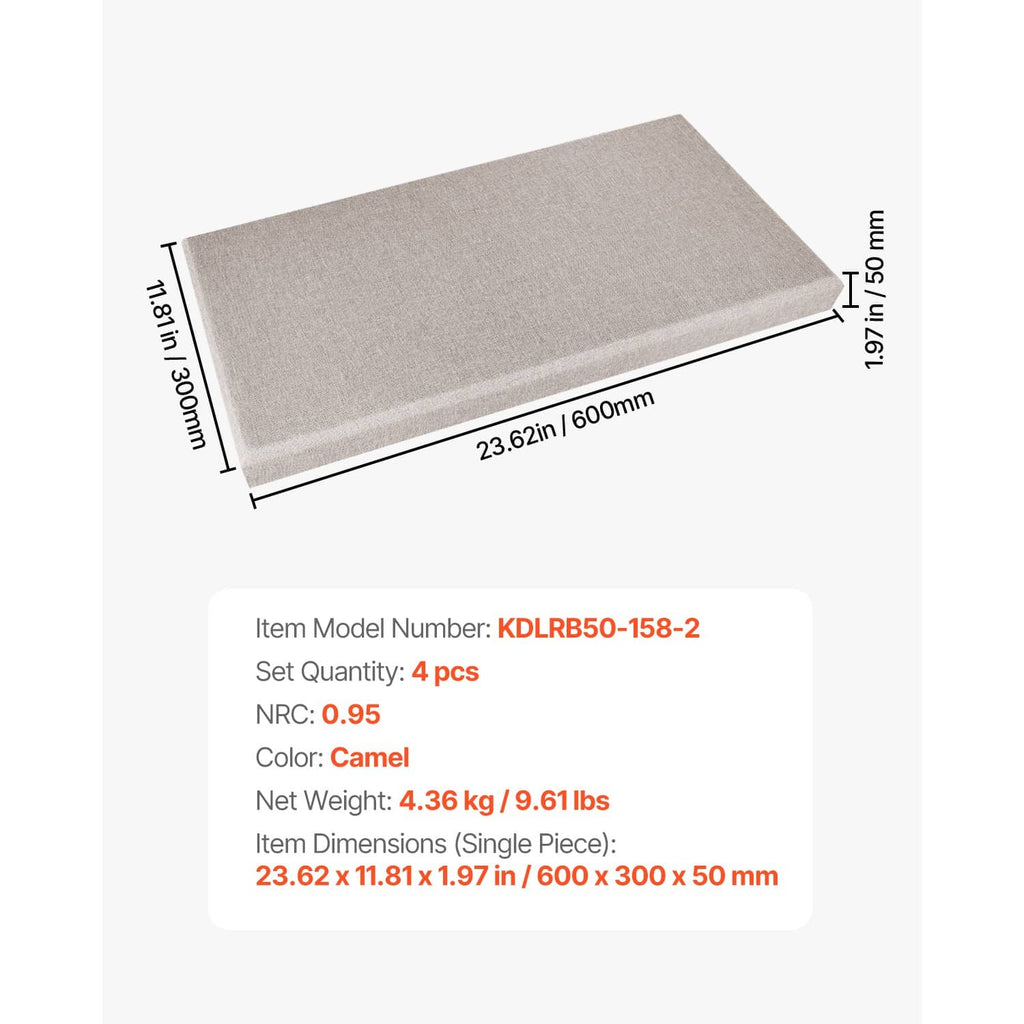 Camel acoustic wall panel, flat rectangular fabric piece with visible dimensions