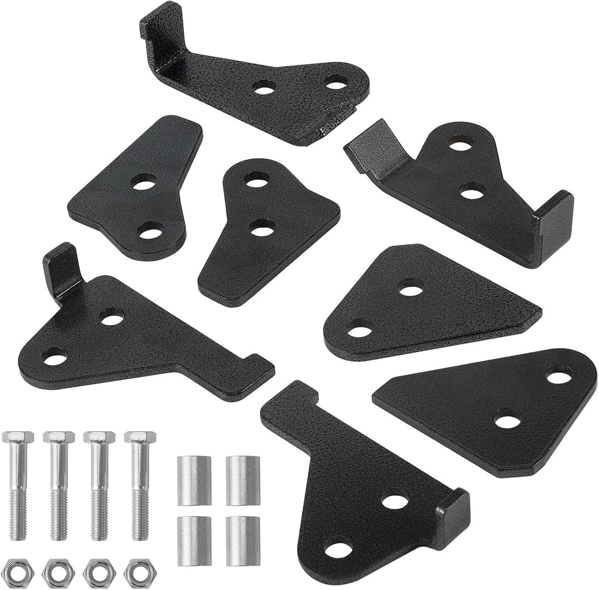 Black steel suspension lift brackets with mounting holes and included bolt hardware