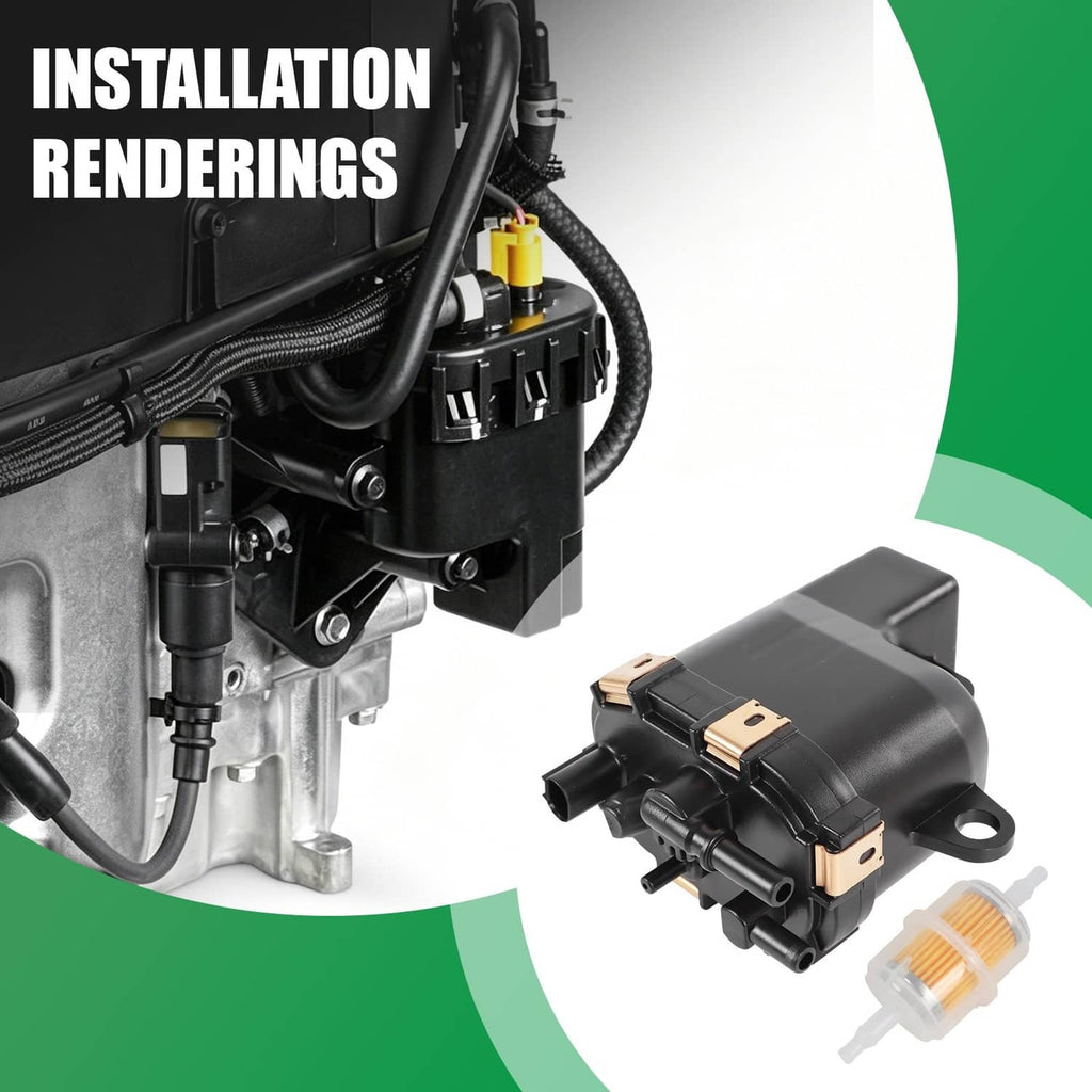 Black fuel pump module beside small inline fuel filter, shown with installation area