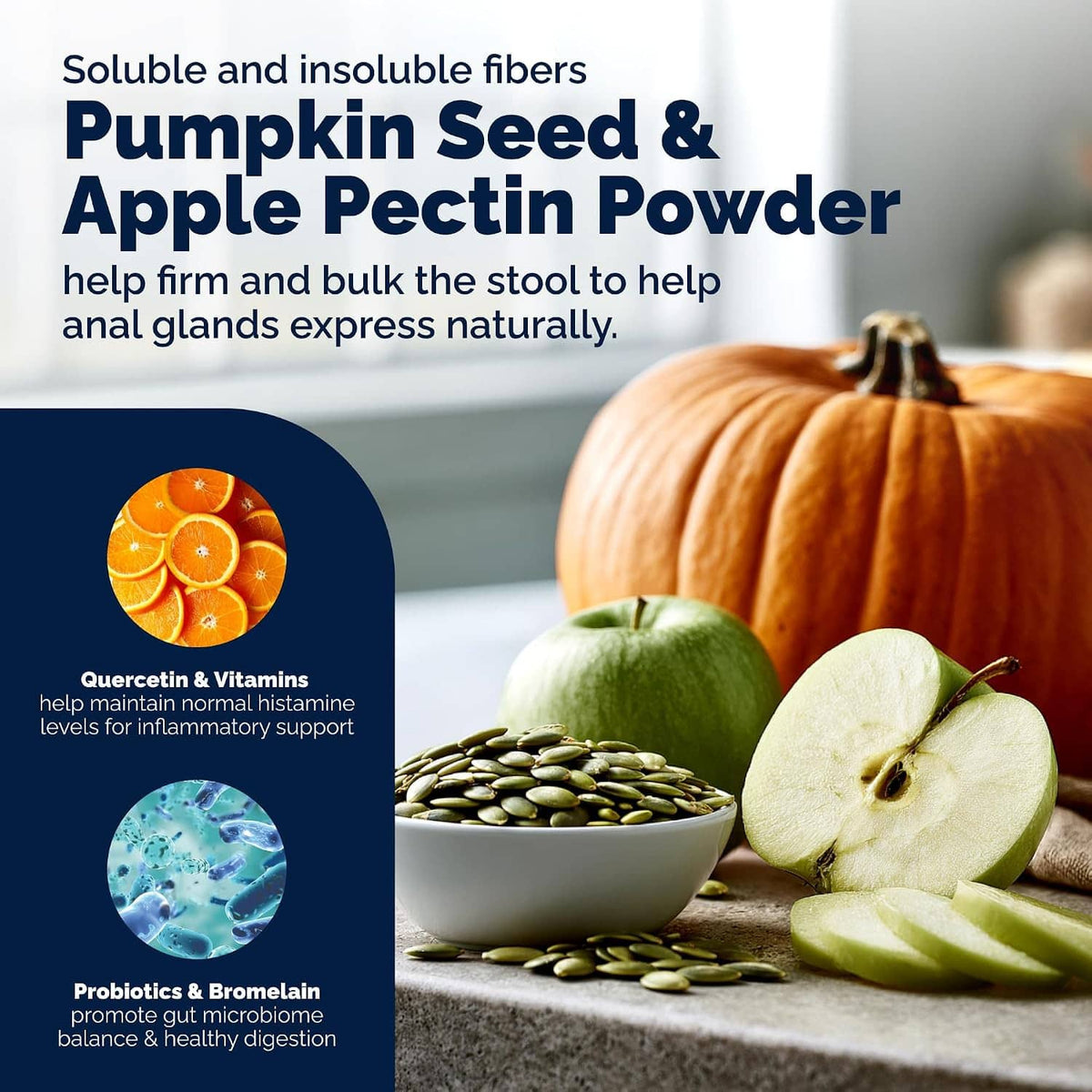 Pumpkin seed and apple pectin powder ingredient graphic for anal gland health chews