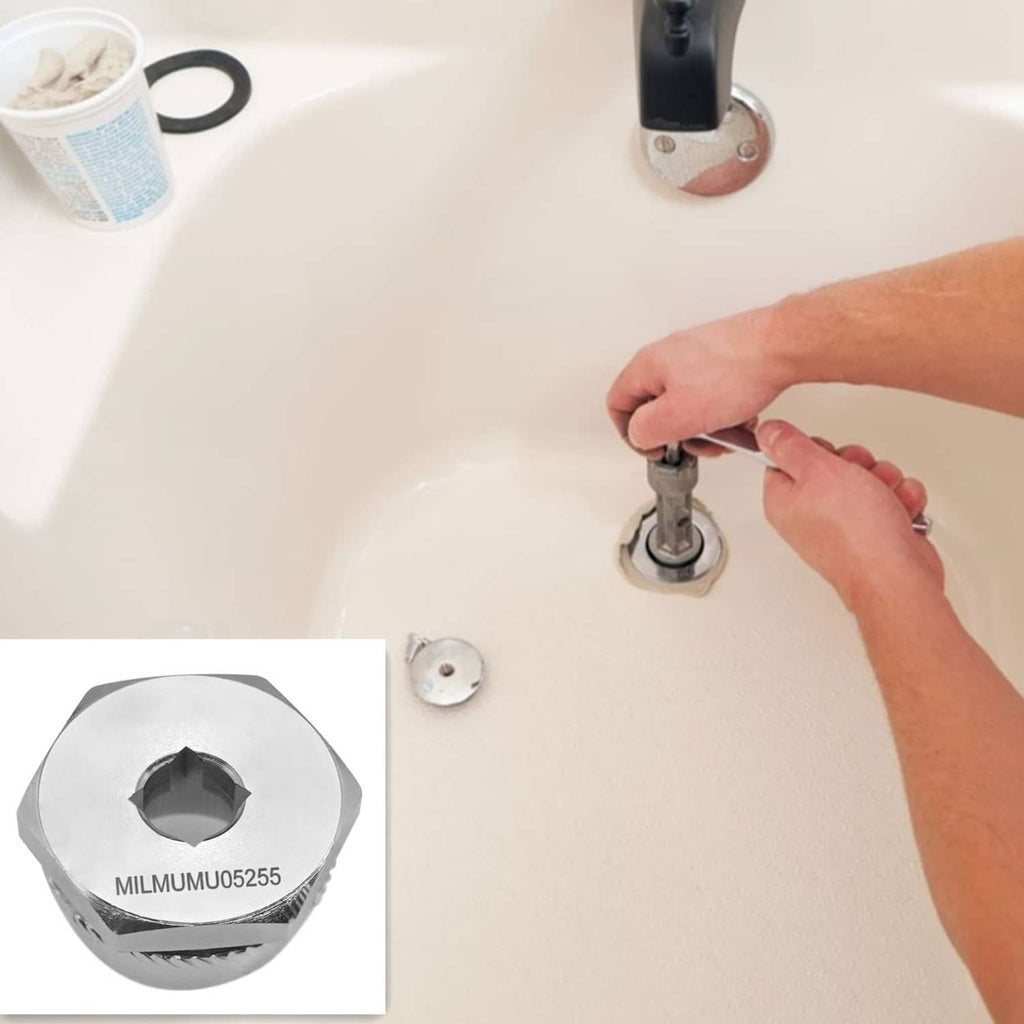 Chrome hex drain extractor on tub drain stopper opening, hand-held for removal