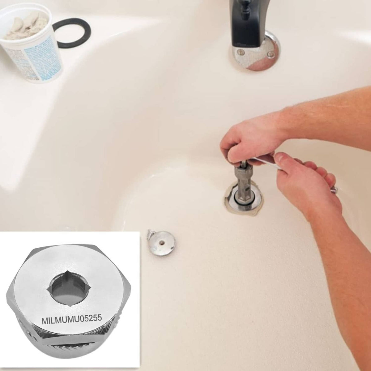 Chrome hex drain extractor on tub drain stopper opening, hand-held for removal