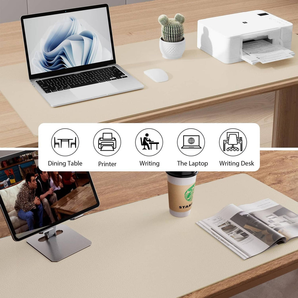 Beige desk pad protector on an office desk under a laptop
