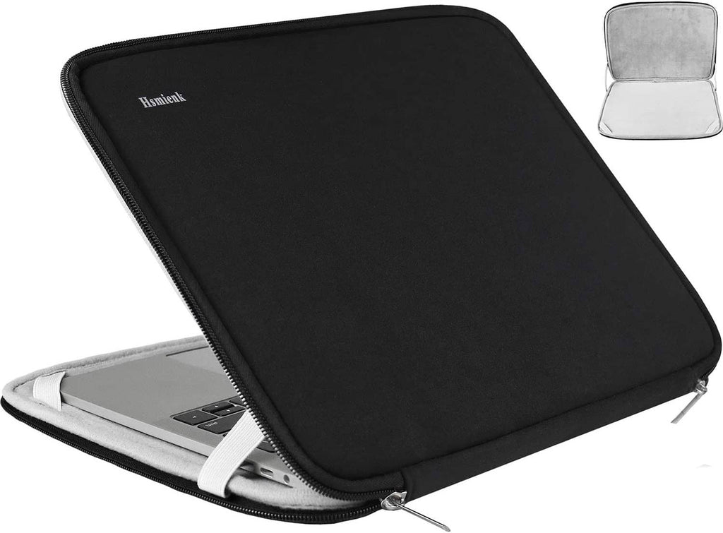 Black laptop sleeve with zipper, angled view, gray interior padding and corner tabs.