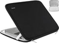 Black laptop sleeve with zipper, angled view, gray interior padding and corner tabs.