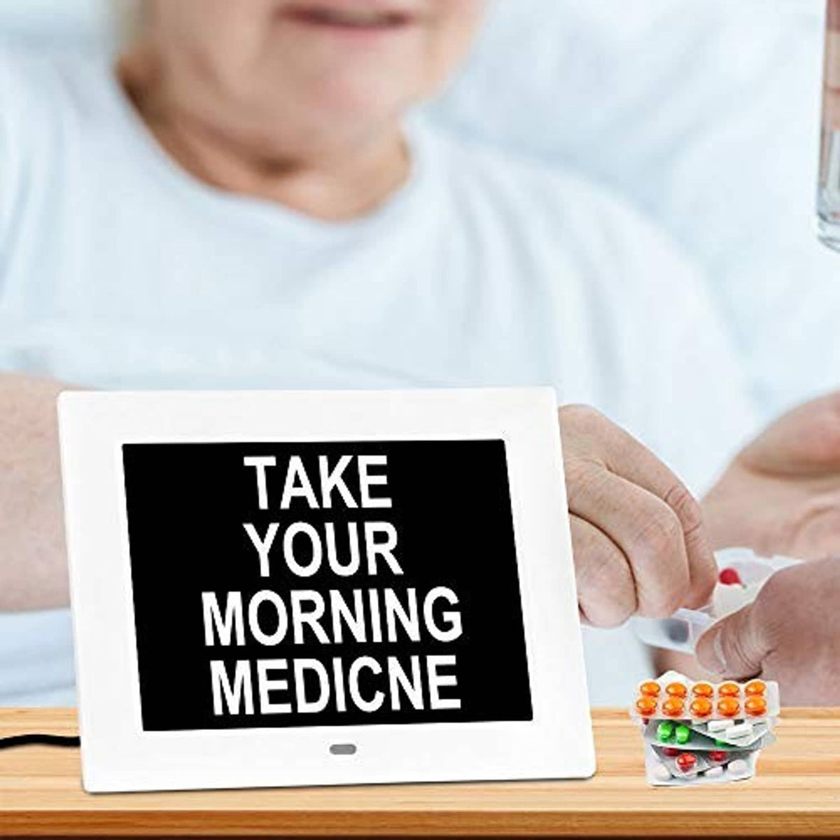 Digital dementia clock with medication reminder screen: TAKE YOUR MORNING MEDICINE