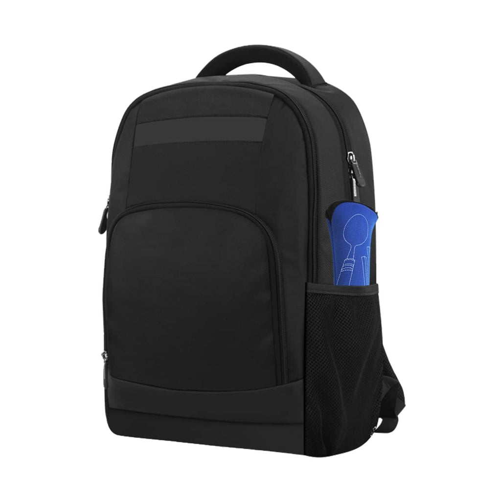 Black travel cutlery case with blue utensil holder pocket, zip closure