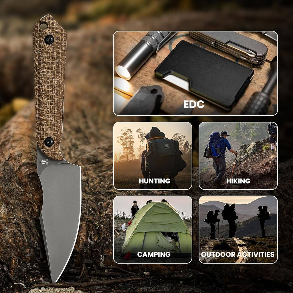 Fixed blade knife with gray blade, tan micarta handle, and sheath for outdoor use