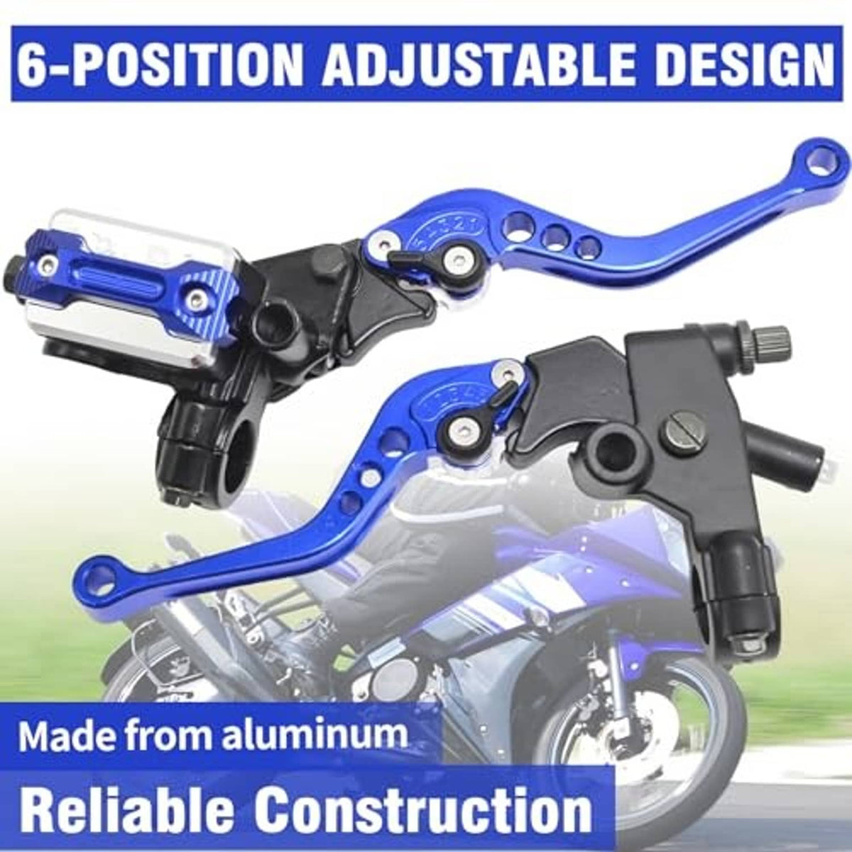 Motorcycle adjustable brake and clutch lever set with blue anodized arms and black reservoirs