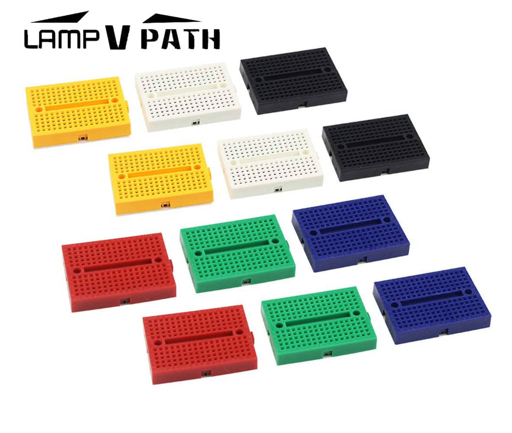 Assorted mini solderless breadboards, 12-pack, 170 points, in multiple colors.