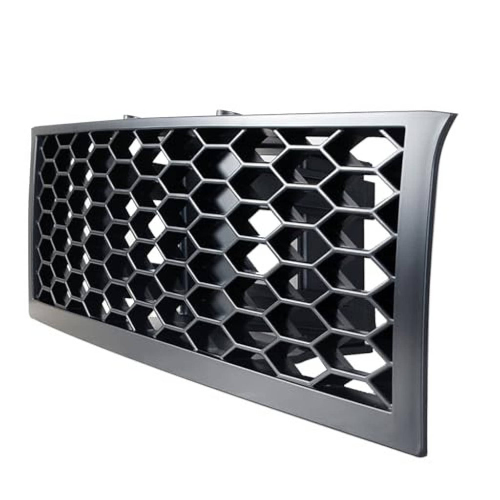 Rectangular black mesh grille panel with hexagonal honeycomb pattern and silver inserts