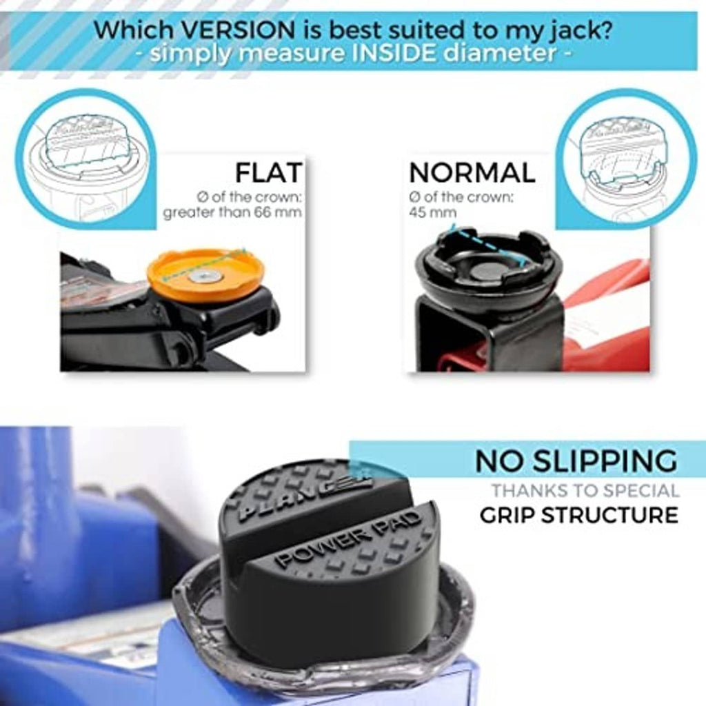 Flat rubber jack pad on jack stand with no-slip textured grip surface