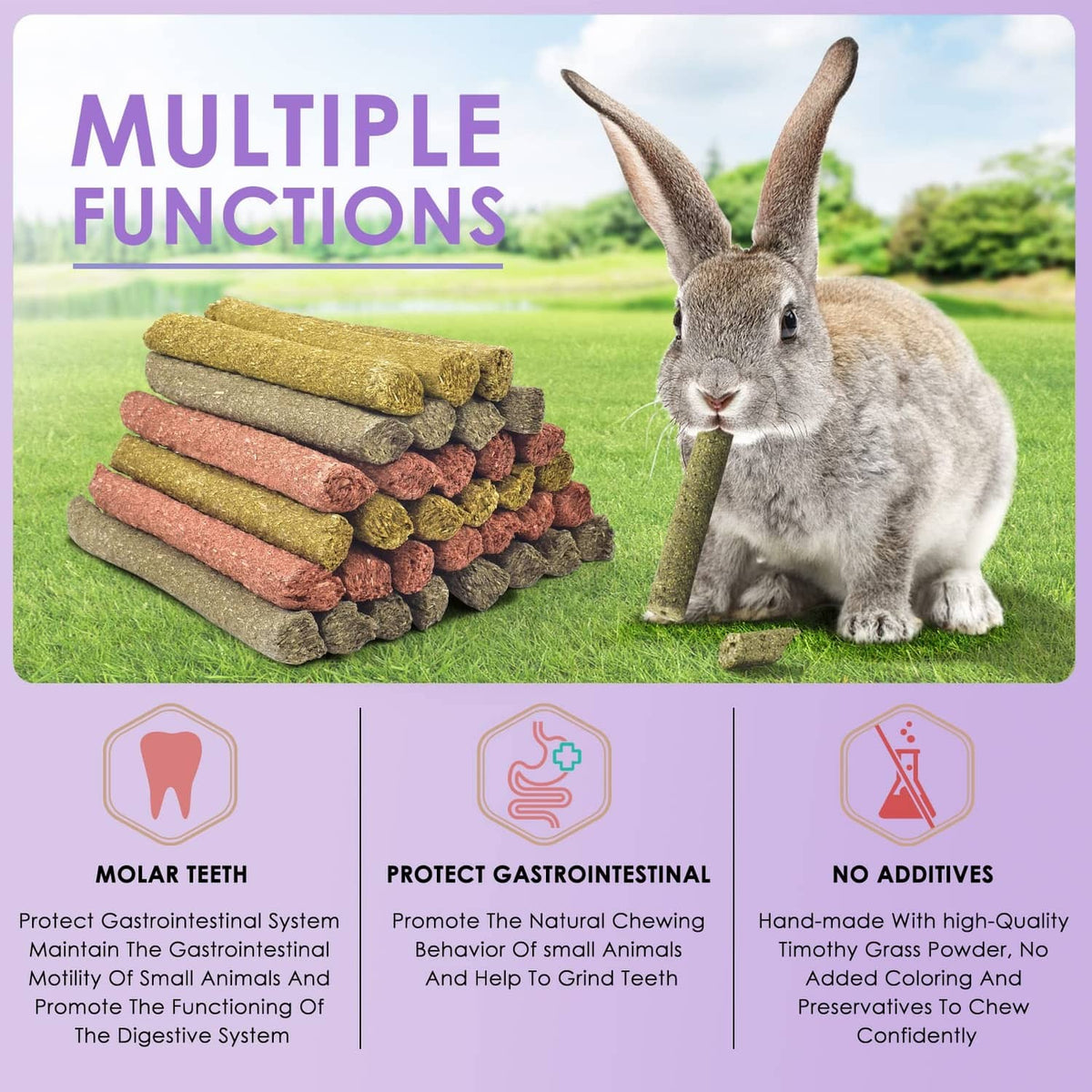 Stack of mixed rabbit chew sticks with a standing bunny holding a chew stick