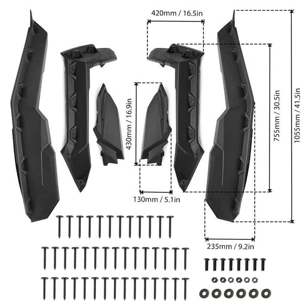 Black extended fender flare kit with measured panels, screws, and washers