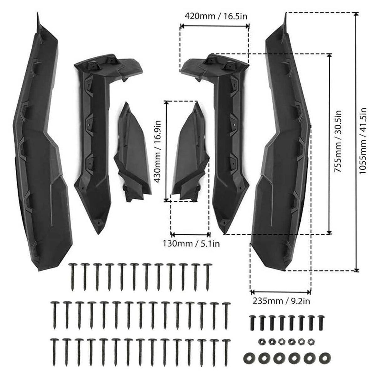 Black extended fender flare kit with measured panels, screws, and washers