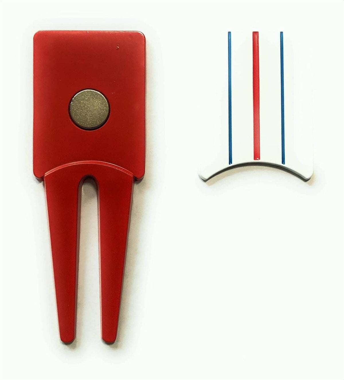 Golf ball mark repair tool with metal disc and red/blue triple-track ball marker