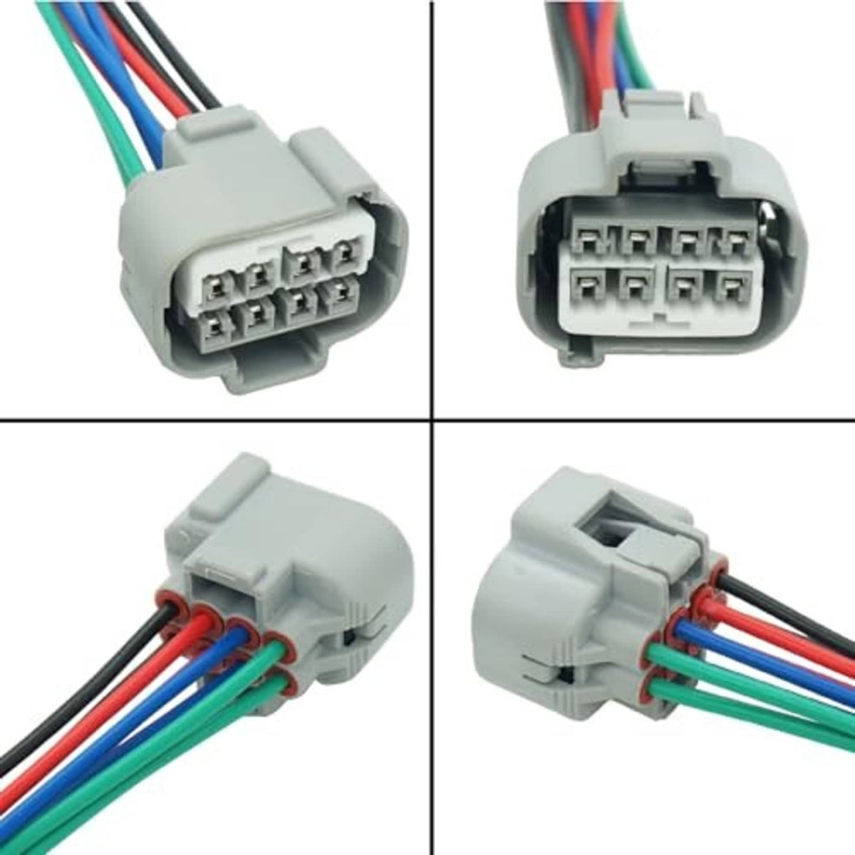 Close-up pair of gray headlight connector plugs showing eight-wire color cables