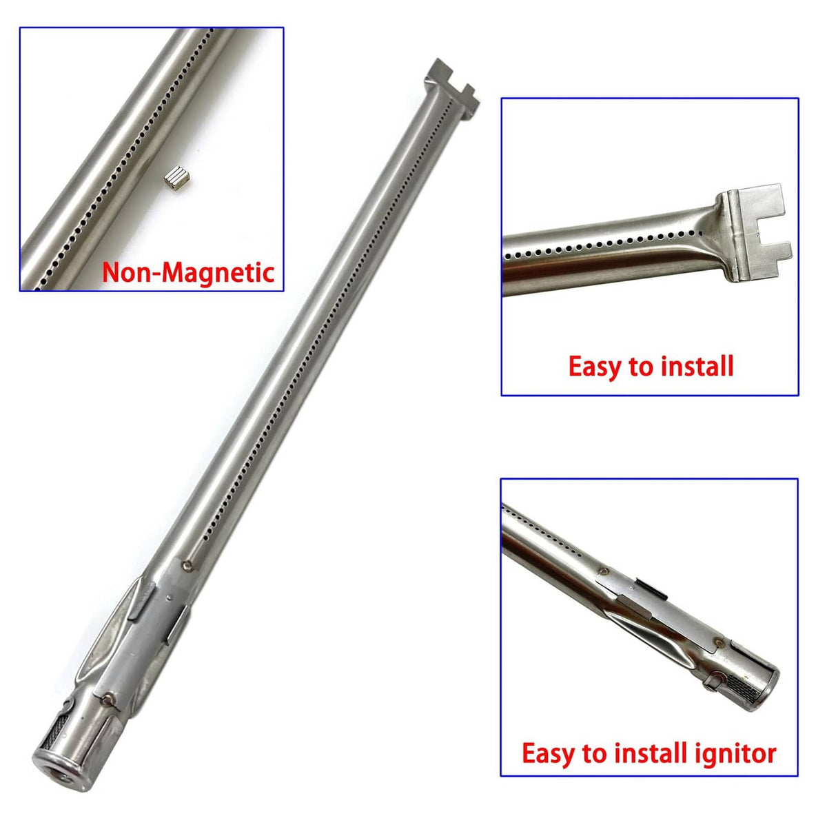 Stainless steel grill burner tube with mounting end and small hardware
