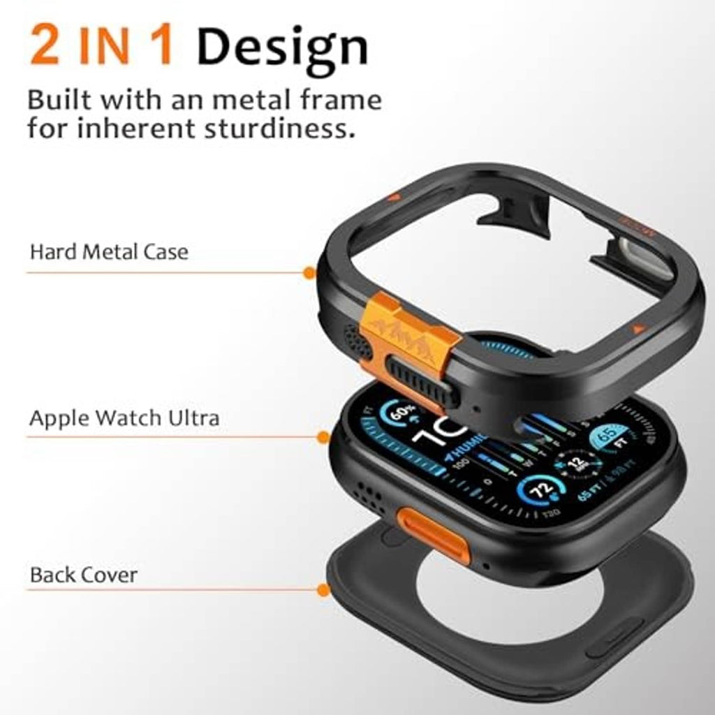 Black metal case frame and back cover set with orange accents for smartwatch