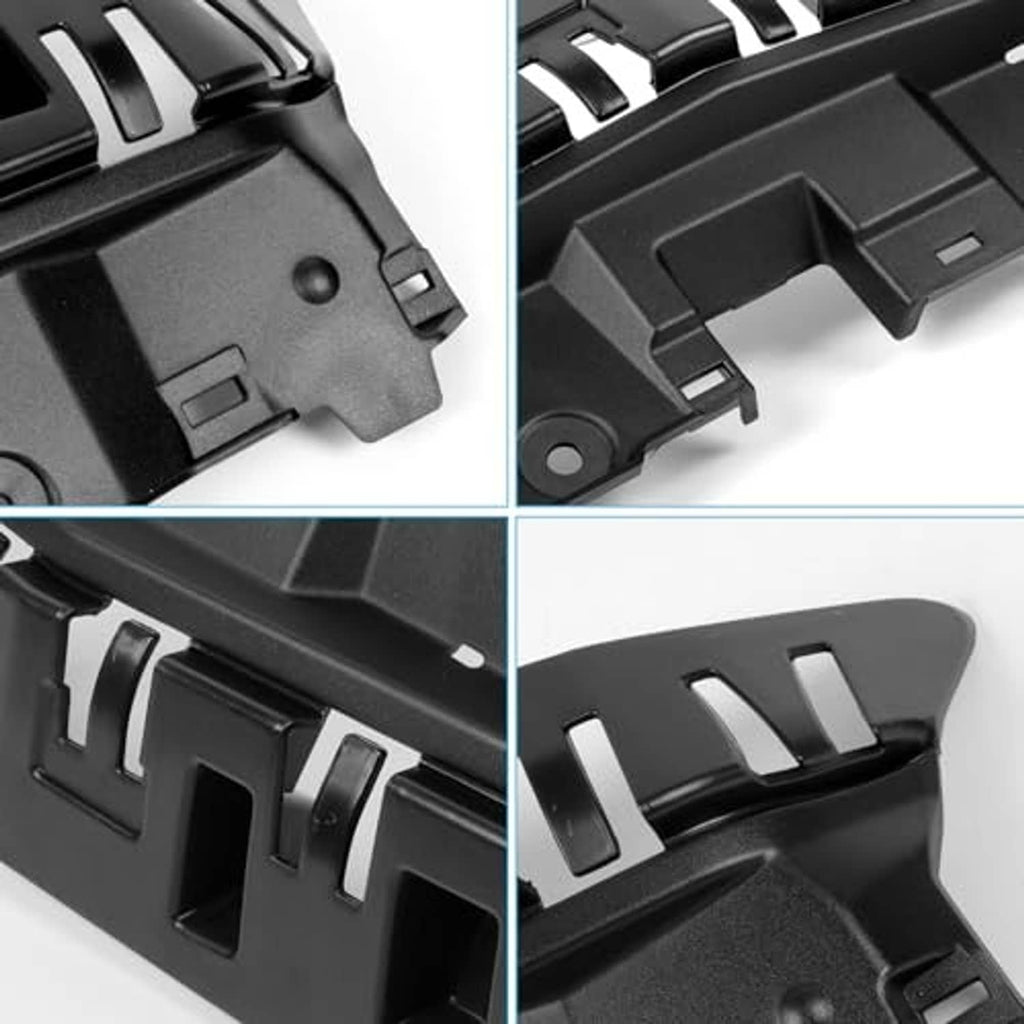 Close-up of black radiator support cover molded clips and textured plastic