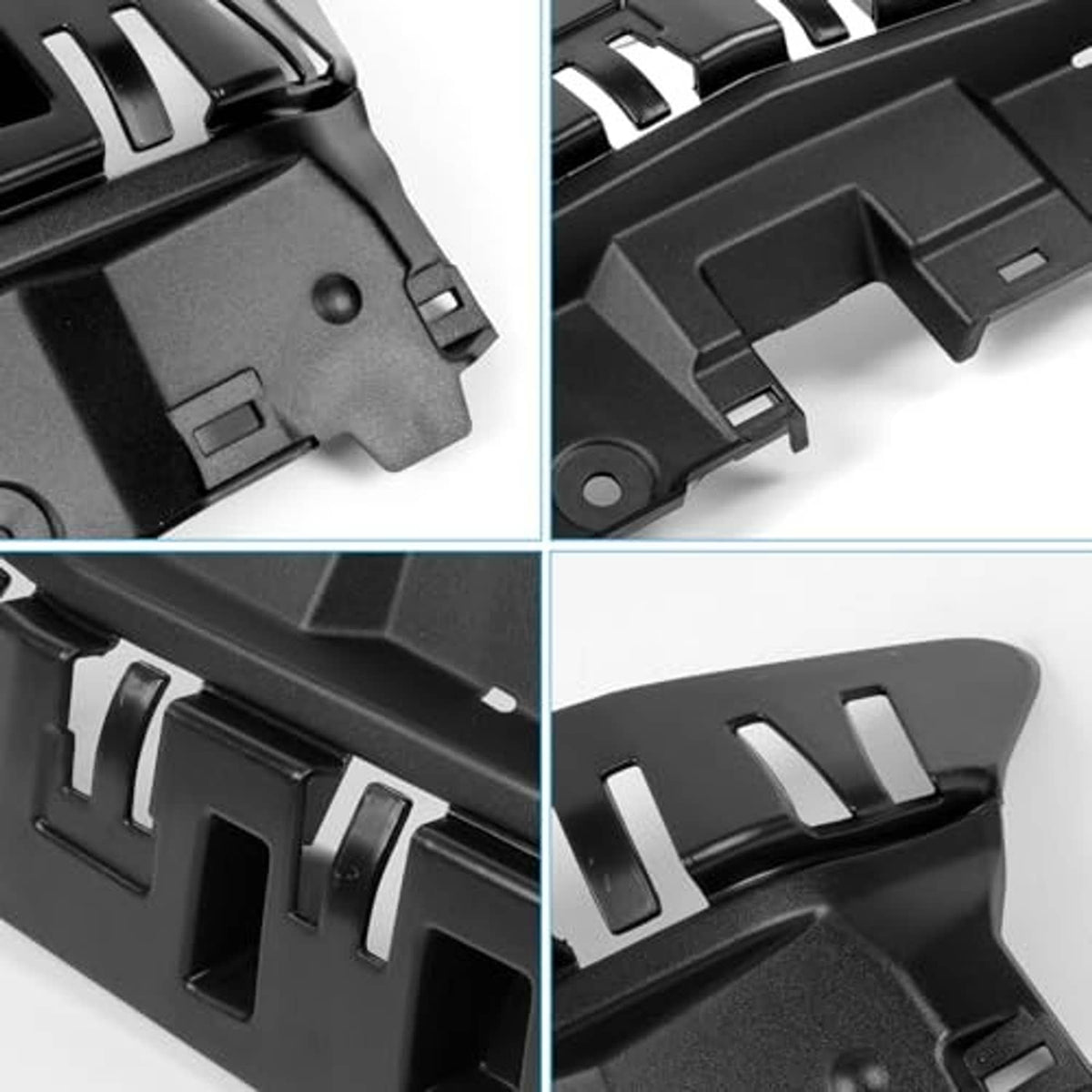 Close-up of black radiator support cover molded clips and textured plastic