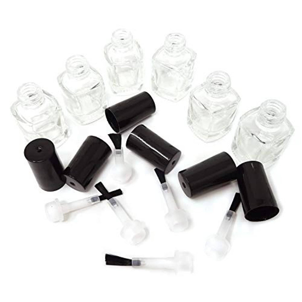 Empty clear nail polish bottles with black caps and brush applicators, multiple pieces