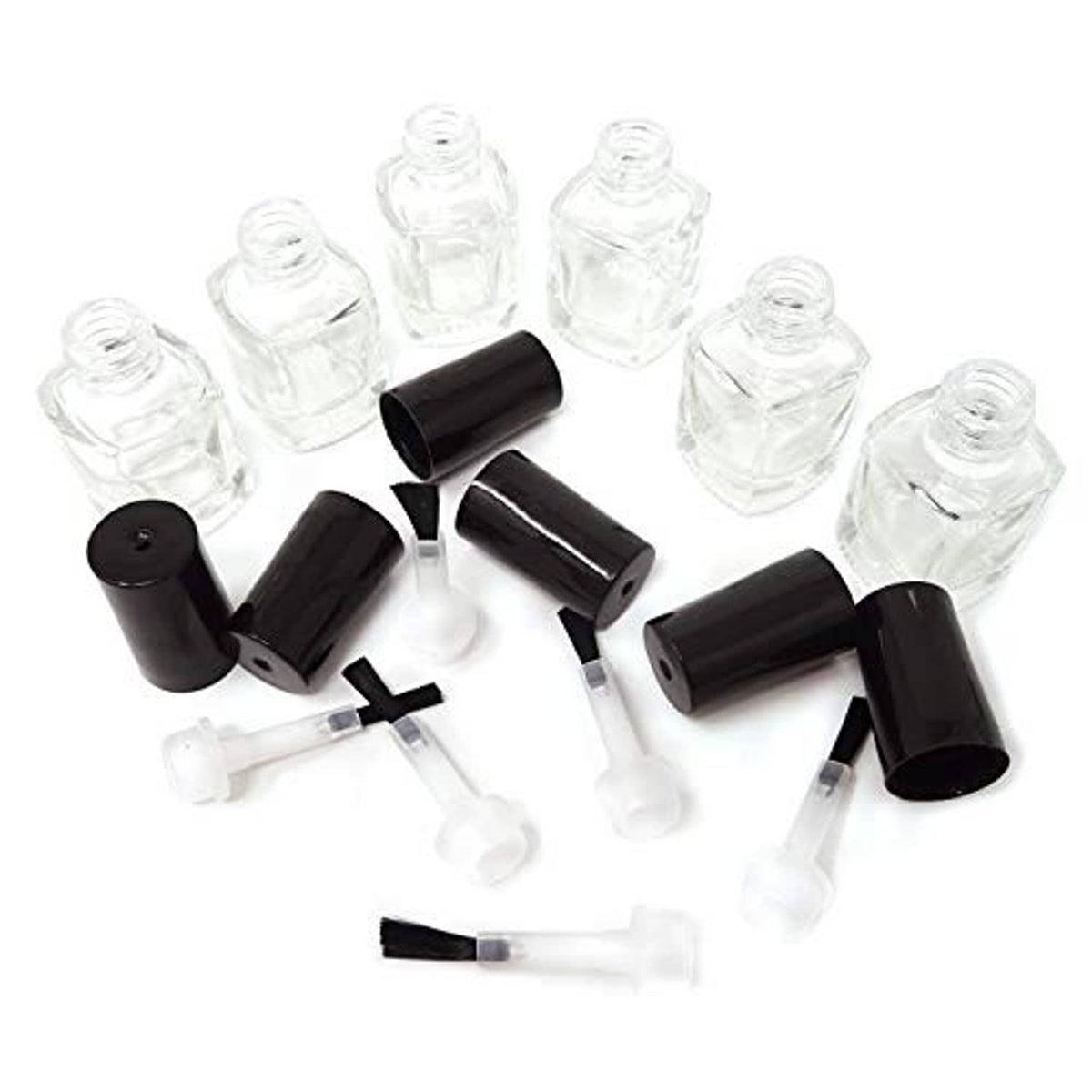 Empty clear nail polish bottles with black caps and brush applicators, multiple pieces