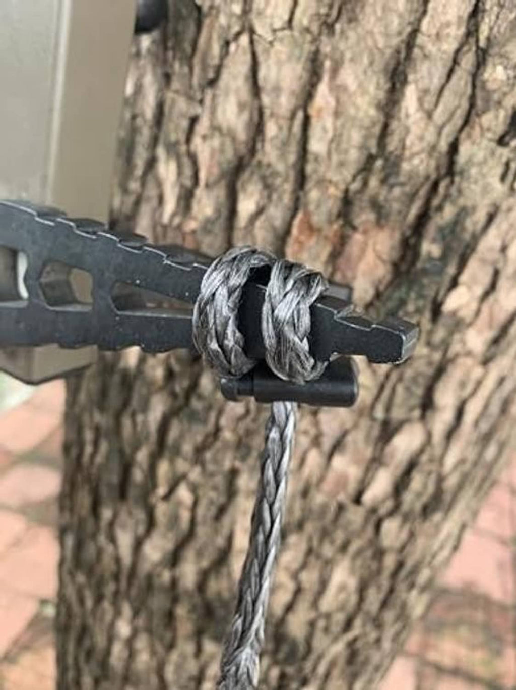 Braided rope secured to black metal plate on a tree-mounted climbing aider