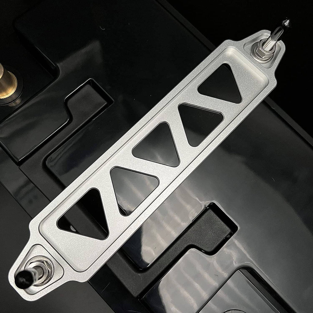 Silver aluminum battery hold-down bracket with attached threaded J-hook bolts
