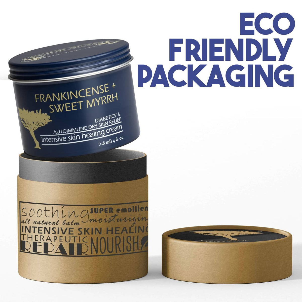 Foot healing cream jar with open kraft sleeve, dark blue tin and cardboard base