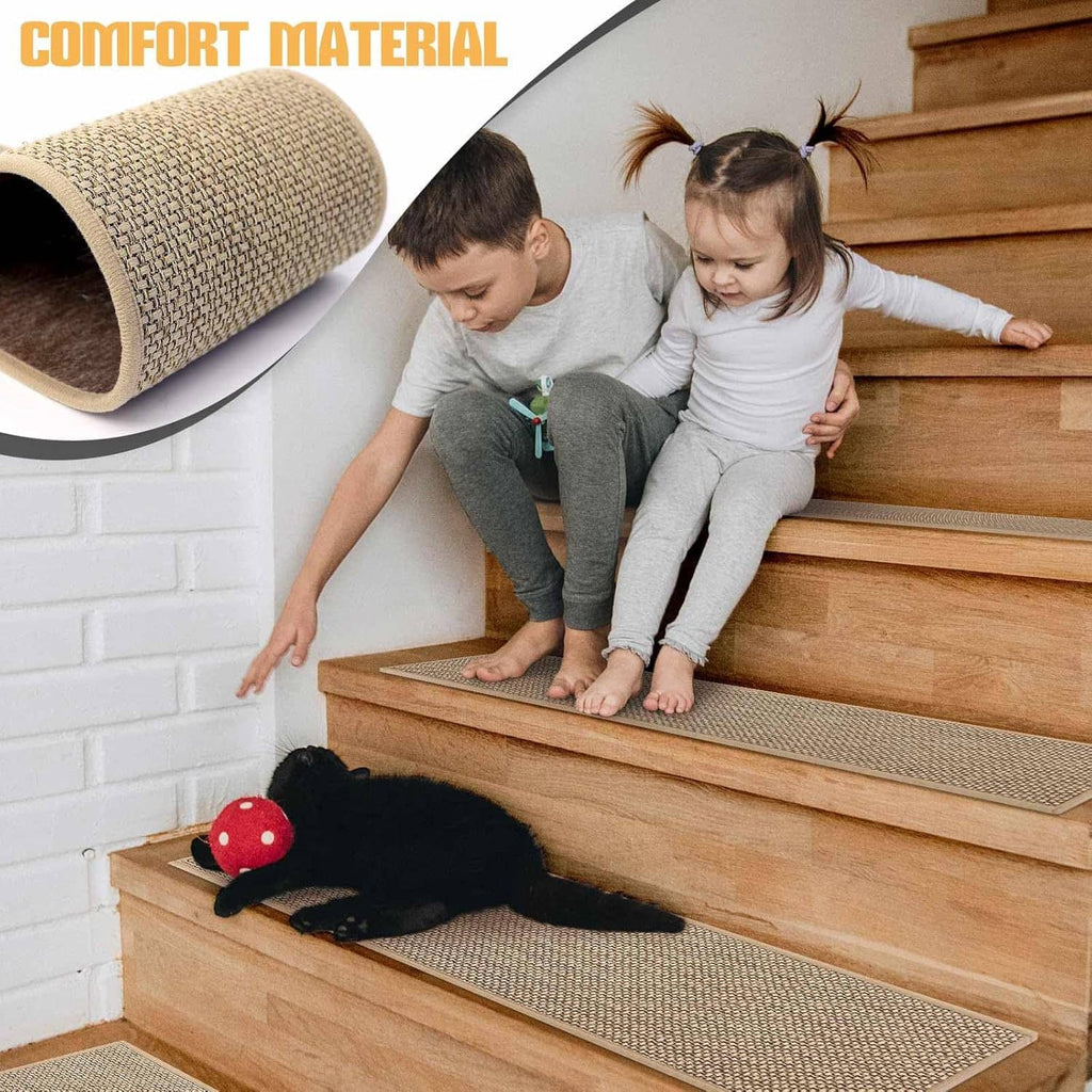 Beige woven stair tread carpet roll and installed strips on wooden stairs