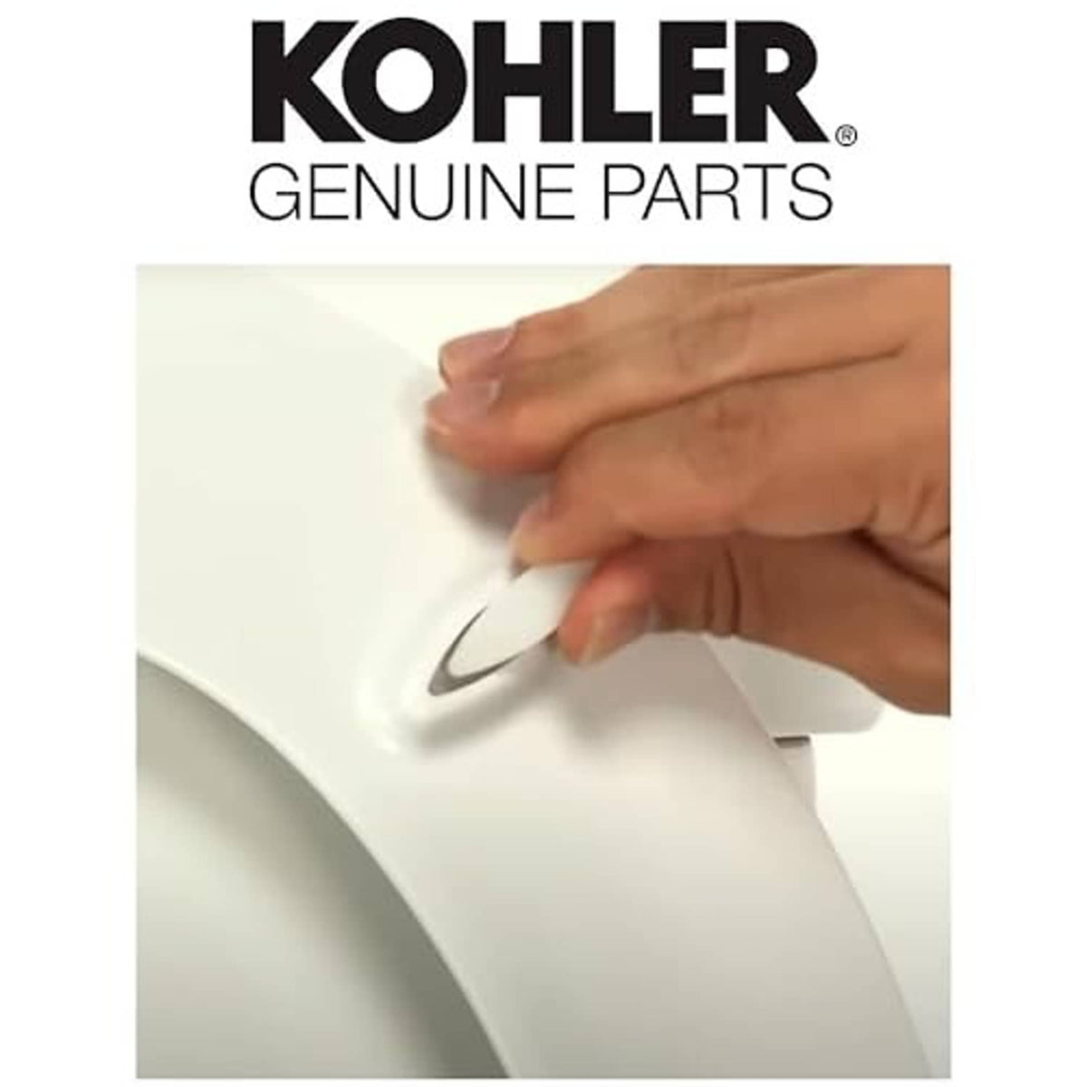 Hand presses a white Kohler bumper clip onto a white toilet edge