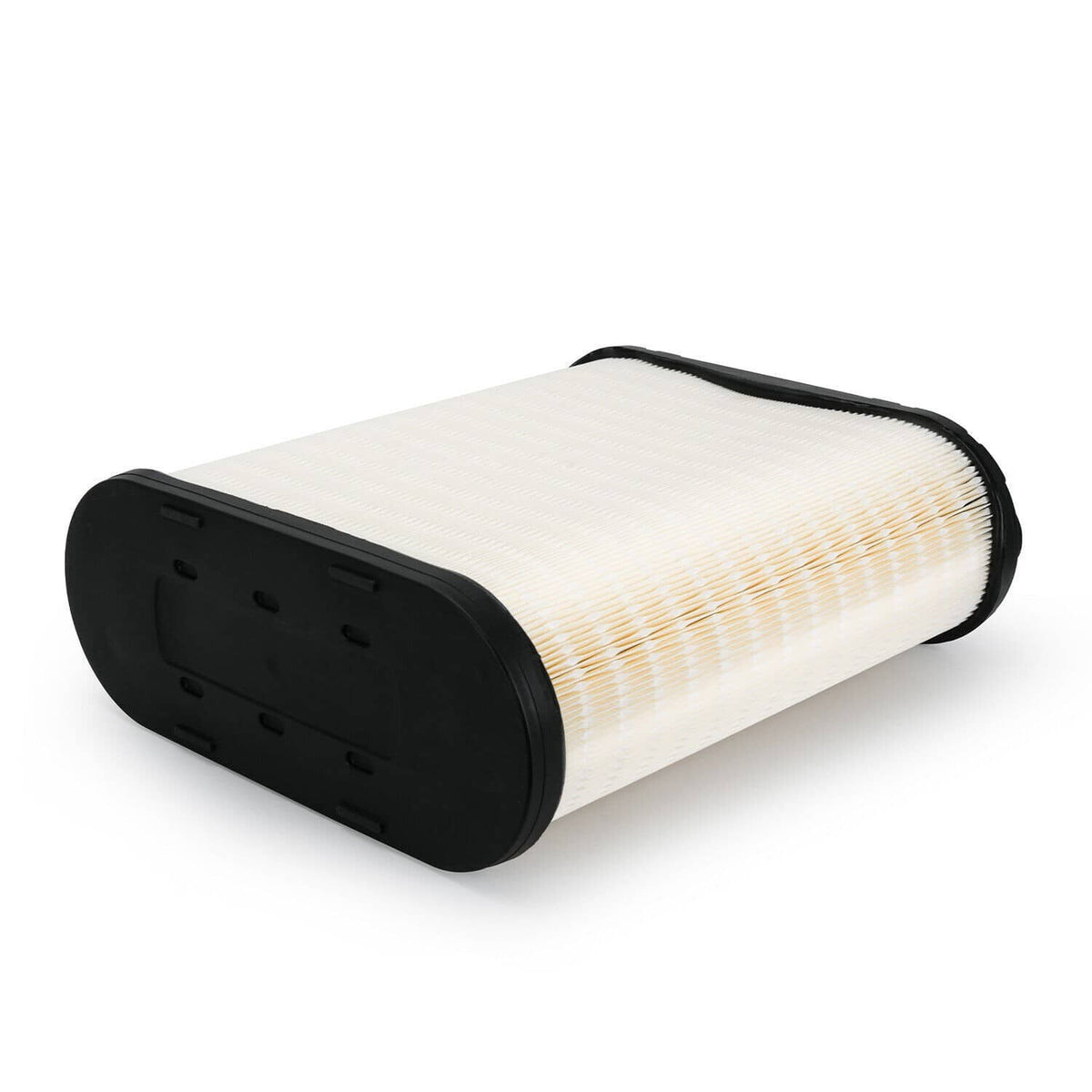 Engine air filter cartridge with white pleated paper media and black end caps