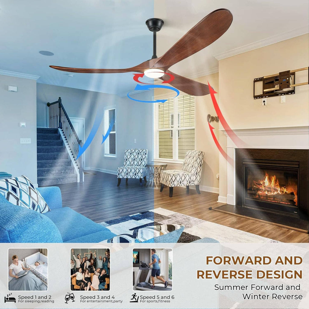 Ceiling fan with light and walnut brown three wood blades, reversible airflow arrows