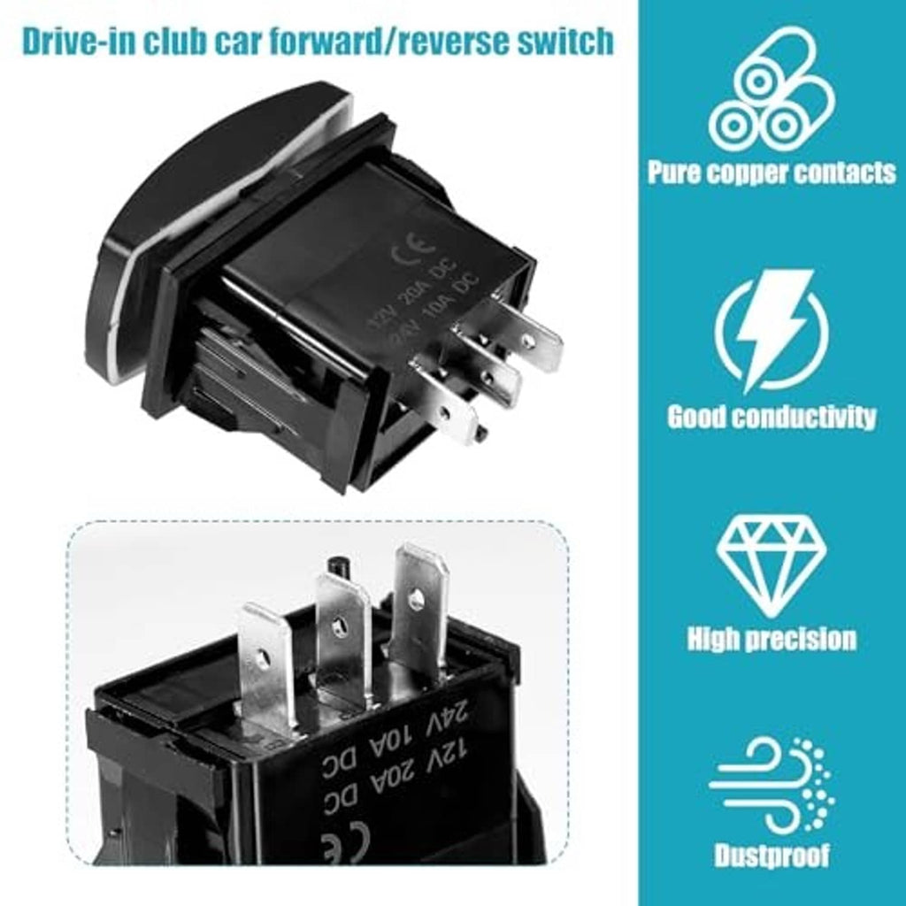 Electric golf cart forward reverse switch, black rocker with four silver connector pins