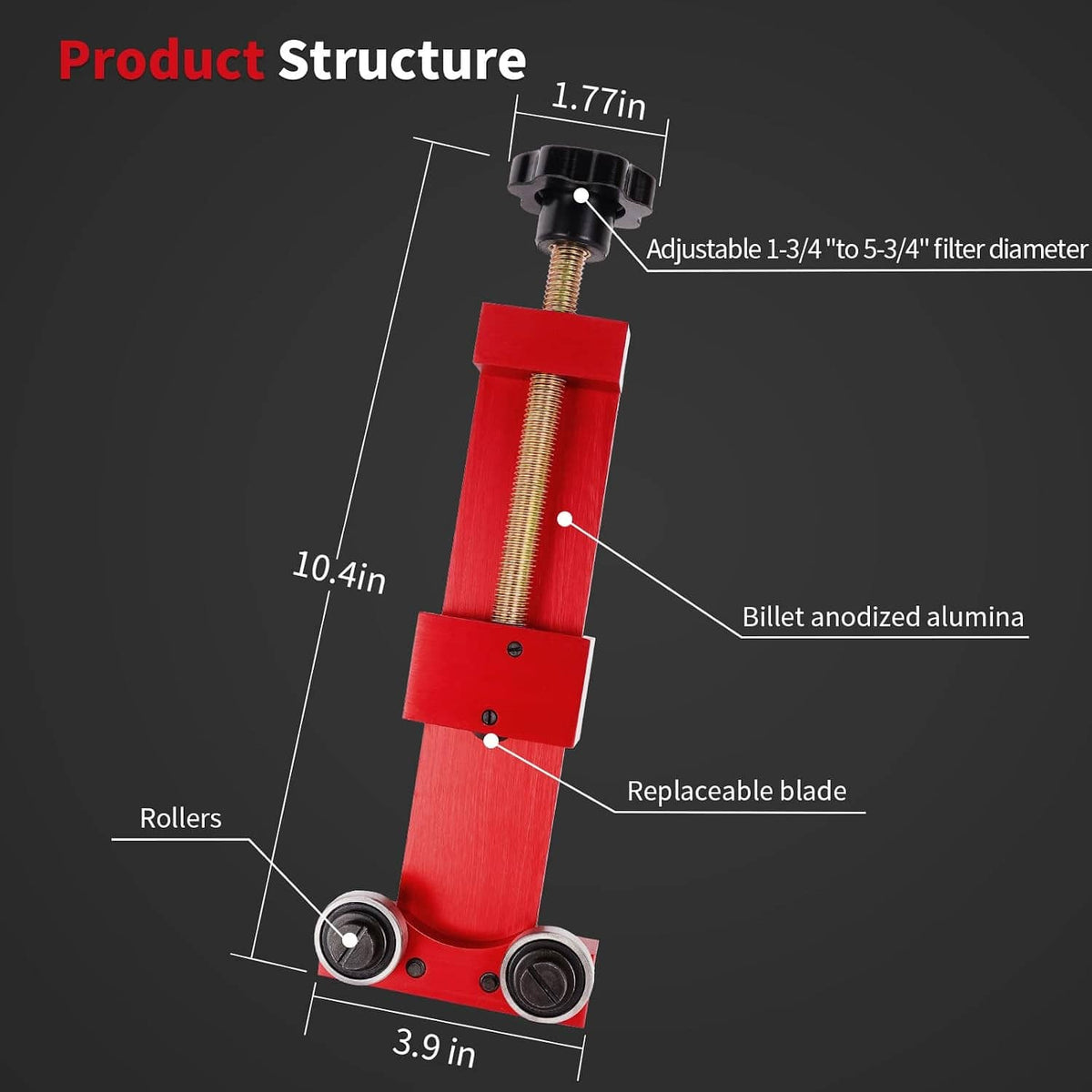 Red oil filter cutter tool diagram with adjustable blade, rollers, and dimensions