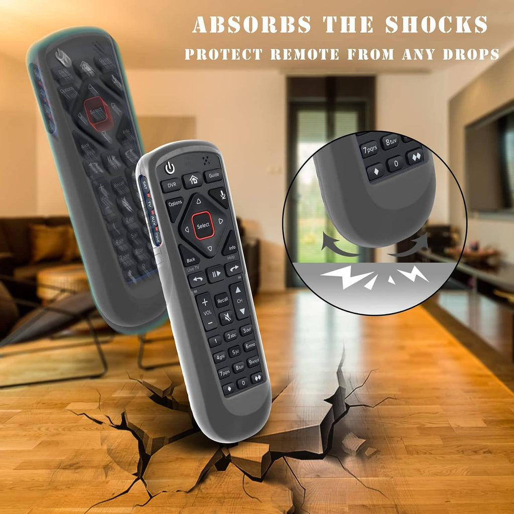 Gray remote control cover with textured grip, standing upright on a wooden floor.