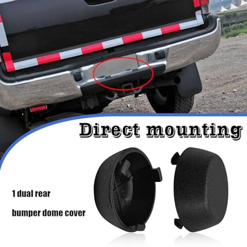Two black rear bumper dome caps with mounting tabs, shown separate and close-up