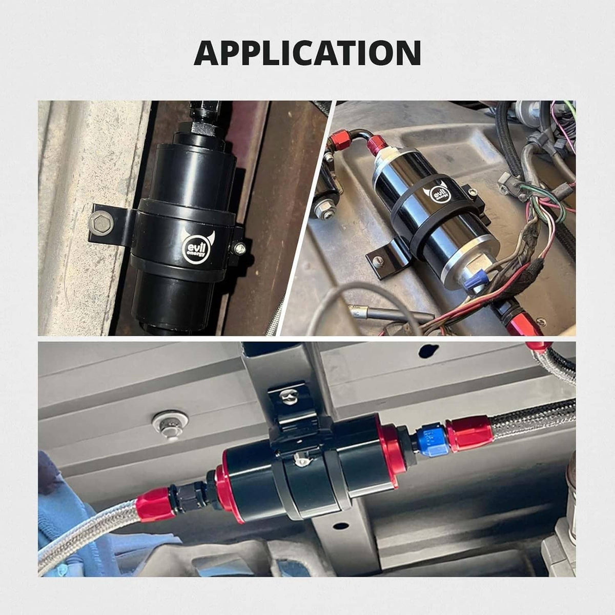 Black 60mm fuel filter mounting bracket installed near fuel pump and hoses