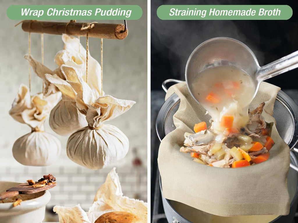 Cheesecloth pouches used for straining broth and wrapping food