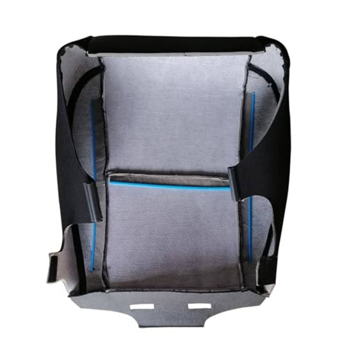 Black driver-side cloth seat cover underside with blue reinforced trim and molded clips.