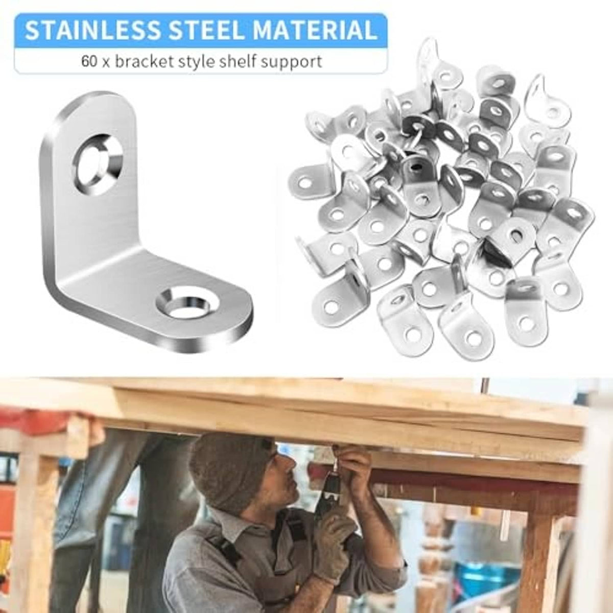 Stainless steel corner L brackets, one shown with circular screw holes