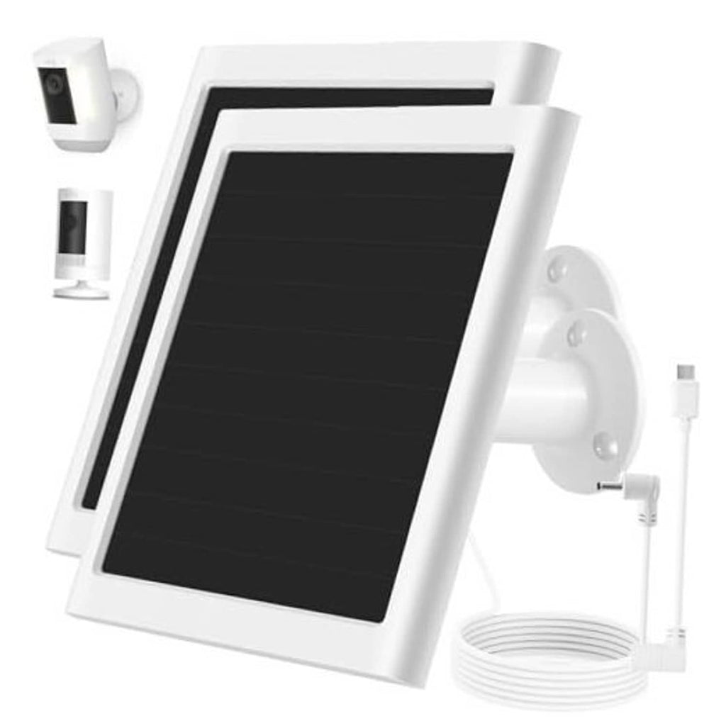 White solar panel charger with wall mount and cable for a security camera