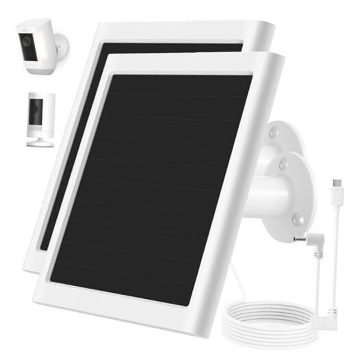 White solar panel charger with wall mount and cable for a security camera